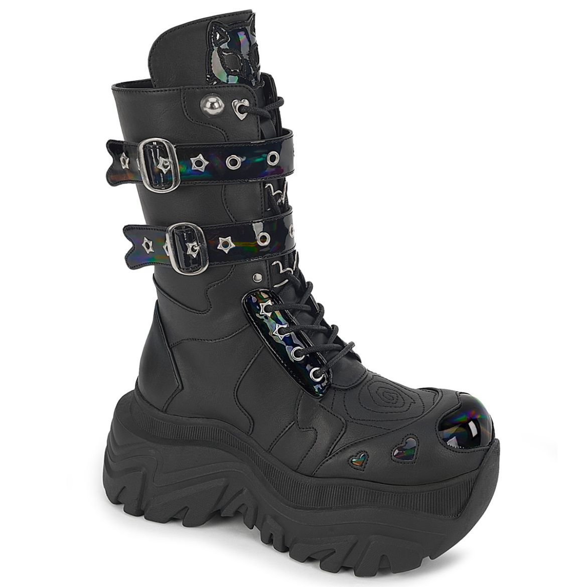Product image of Demoniacult ECHO-152 Blk Vegan Leather-Blk Holo 3 1/4 Inch Platform Mid-Calf Boot Inside Zip
